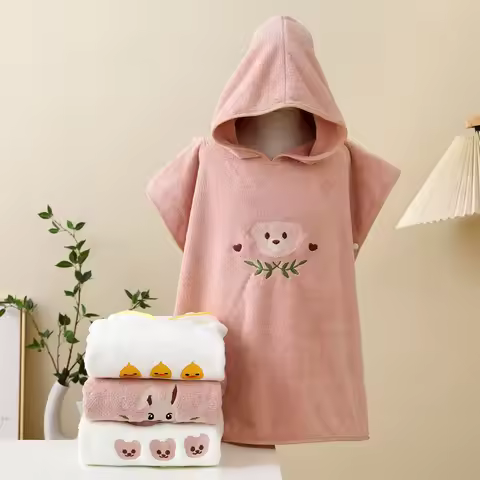 Coral Fleece Hooded Bath Towel Baby Cloak 60X120cm Cartoon Bear Rabbit Children's Bathrobe Baby Beac