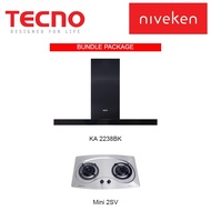 Tecno KA 2238BK Matte Black Chimney Cooker Hood + Tecno Mini 2SV (70cm) 2 Burner Stainless Steel Cooker Hob