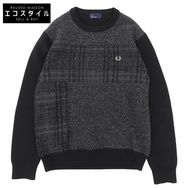 Fred Perry 圓領毛衣，羊毛混紡，男士，灰色 x 黑色，M 碼，F3196（二手）