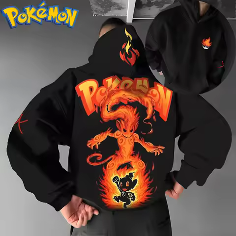 Pokemon Anime Infernape Cotton Hoodie Harajuku Pants Set Black Orange Flame Pattern with Small Chara