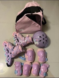 Decathlon 女童滾軸鞋連護膝+頭盔+袋 99%新