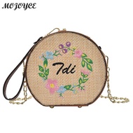New Style Round Straw Beach Handbag Summer Mini Vintage PU Leather Circle Crossbody Bag Flower Leaf