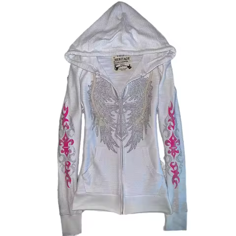 Y2K Vintage Rhinestone Hooded Jacket Women Silver Crystal Angel Wing Cross Zip Pink Flower Tribal Pr