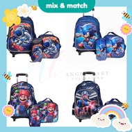 Angel Baby Kids Cartoon Mario Space Captain Sonic Trolley School Backpack Beg Sekolah Rendah Beg Sekolah Roda 3pcs Set