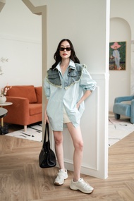 พร้อมส่ง เชิ้ตแขนยาวผ้าพื้น+ปกยีนส์ขอบรุ่ย งานป้ายvshopbrand