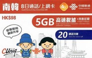 中國聯通 - 【南韓】韓國 8日 5GB 高速4G 20分鐘通話 8天無限上網卡漫遊數據卡電話卡Sim咭
