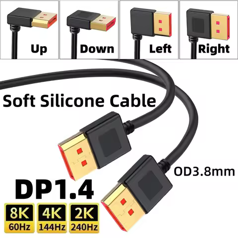 8K@60Hz 4K@144Hz 2K@240Hz DisplayPort 1.4 Cable 90 Degree DP Male to Male Silicone Soft Cord for Lap