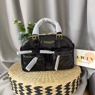 【Awin】Correct Version Grand Tour Black Crinkled Leather Bowling Bag Gold Logo, Top 1 Quality Top Han