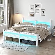CollaredEagle King Size Bed Frame with Headboard and Footboard,Heavy Duty Steel Slats Support Metal Bed Frame with Charging Station,No Box Spring Needed/Easy Assembly, White