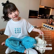 [RJ] 90-160CM Summer Cotton Girls Children's Clothing Love Short-Sleeved T-Shirt Mosquito Pants Two-