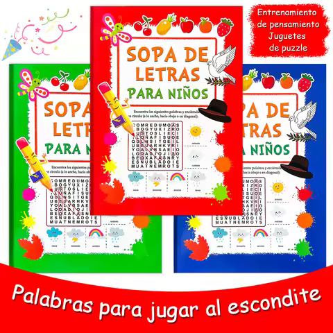 Multi colored Sopa De Letras book, three optional puzzle word search games, suitable for brain think