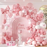 131pcs Bow Pink Balloon Arch Kit, Pink and White Balloons with Pink 260 Balloons for Pink Bow Baby S
