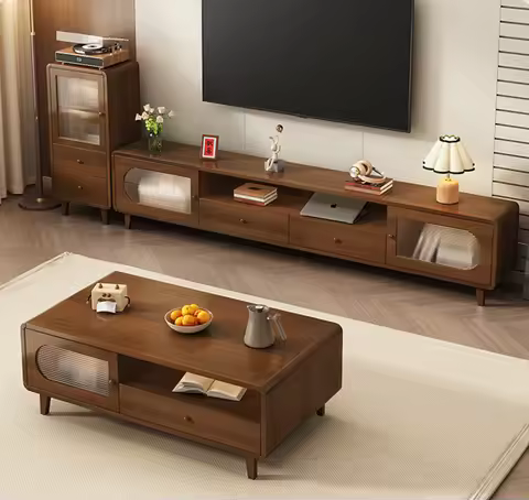 !@Solid Wood Modern TV Cabinet and Coffee Table Set for Living Room Furniture Walnut Color Shipped M