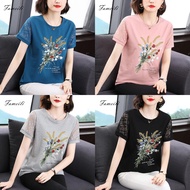 Cotton Short-sleeved T-shirt Loose Print Korean Style Lace Sleeves Fashion Plus Size Blouse Women