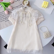 Bear Leader Girls Qipao Princess Dresses 2023 New Summer Chinese Style Pearl Collar Cloud Shoulder Button Dress for 2-7 Years Old Baby Kids Girls Cheongsam Clothing
