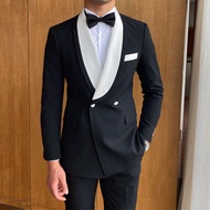 Mr. Lusan British Style Banquet Wedding Green Fruit Collar Dress Suit Slim-Fit Black and White Stitching for Business Suit Tailored Suit Men