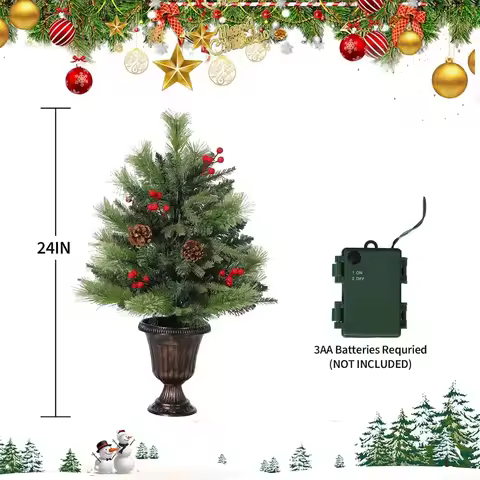 3FT Artificial Mini Christmas Tree Tabletop Xmas Tree with Warm White LED Lights & Pine Cones Holida