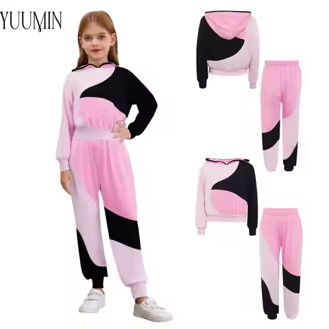 2 Pcs Kids Girls Color Block Workout Fitness Sports Set Long Sleeve Color Block Hoodie+Stretchy Swea