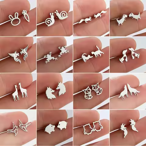 Multiple Stainless Steel Animal Stud Earrings Women Minimalist Rabbit Dog Cat Dinosaur Earings Pierc