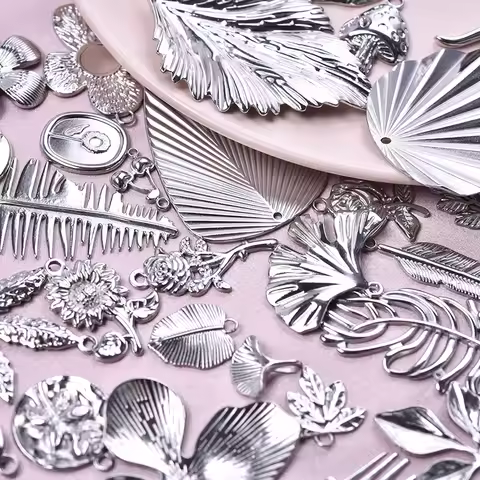 7Pcs/Lot Stainless Steel Big Tree Maple Ginkgo Leaves Charms Wholesale Mix Styles Sunflower Lotus Pe