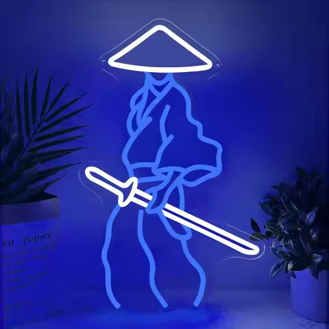 Blue Silhouette Samurai Neon Sign USB Dimmable LED Neon Light Sing for Japanese Tea House Study Bedr