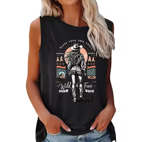 Retro Cowgirl Wild and Free Graphic Tank Top Women's Vest Vintage Desert Cowgirl Shirt Western Cowgi