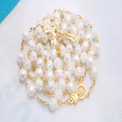 Gold Rose Beads Cross Necklace High Quality Golden Rose Beads Necklace Rosary Gold Cross Pendant Cat