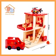 Wooden fire station set helicopter fire engine truck