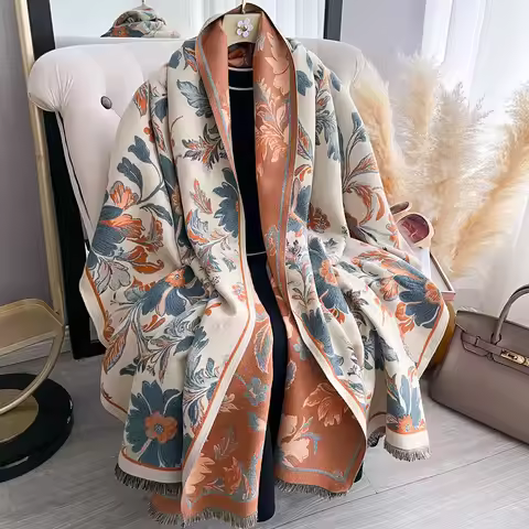 Women's Warm Faux Cashmere Plaid Scarf - Thick Pashmina Shawl Wrap, Winter Neckerchief