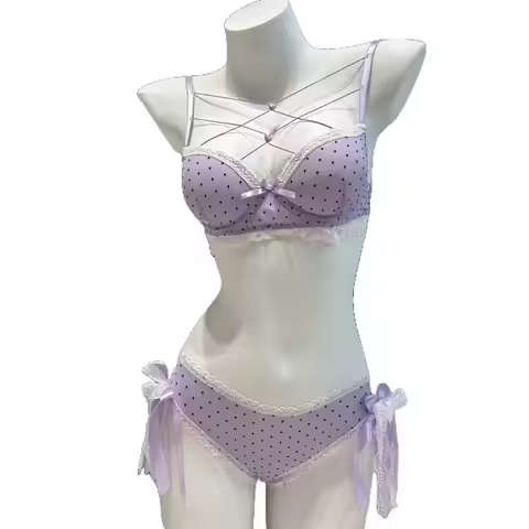 Sweet Dots Lace Bra Set Love Heart Bowknots Bra Panties Set Lace-up Intimates Push Up Bra Women Wome