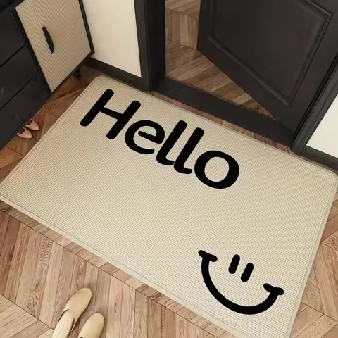 Hello Smiley Face Woven Texture Door Mat Cheerful Welcome Design Non-Slip Washable Entrance Rug