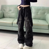 Retro Hong Kong สไตล์สวมใส่กางเกงยีนส์หลวมขากว้างความยาวพื้นกระชับสัดส่วนอเมริกัน Retro กางเกงขายาวส
