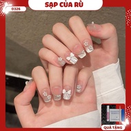 D326 Short fake nails with cat eye gel polish charm bow y2k cute fake nails for nails