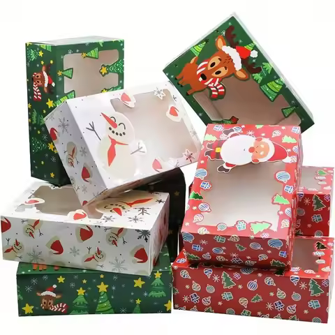 24 PCS Christmas Foil Treats Cookie Gift Box (8.75" x 5.75" x 2.75") Colorful Pattern with Window fo