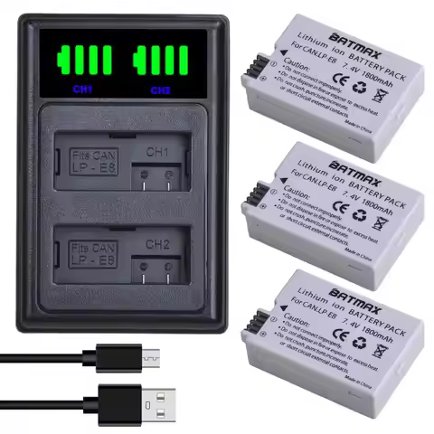 Batmax LP-E8 Bateria LP E8 Battery+New LED Dual Charger with Type C Port for Canon EOS 550D 600D 650