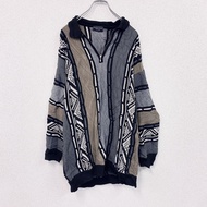 古著 90 年代 Classic Clothes Company Coogi 風格 3D 針織毛衣，半拉鍊，全身印花，顏色
