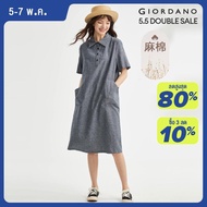 GIORDANO ผู้หญิง ชุดเดรส เดรสผ้าลินินผ้าฝ้ายน้ำหนักเบา ชุดเดรสฤดูร้อนแขนสั้นครึ่งกระเป๋าแฟชั่นชุดลำลอง Free Shipping 13464306