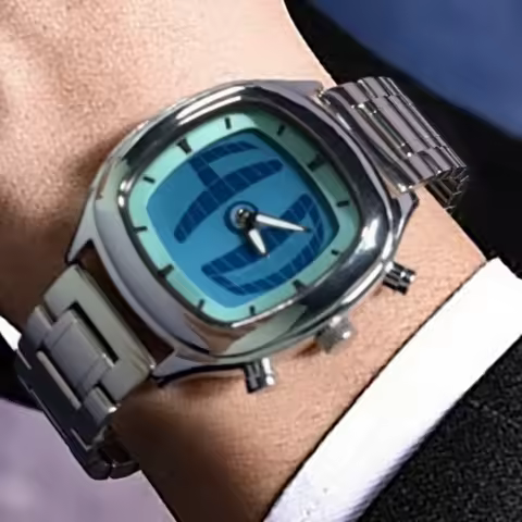 Business Classic Quartz Watch Red Y2K AlienPointer Number Dual Display Stainless Steel Original Watc