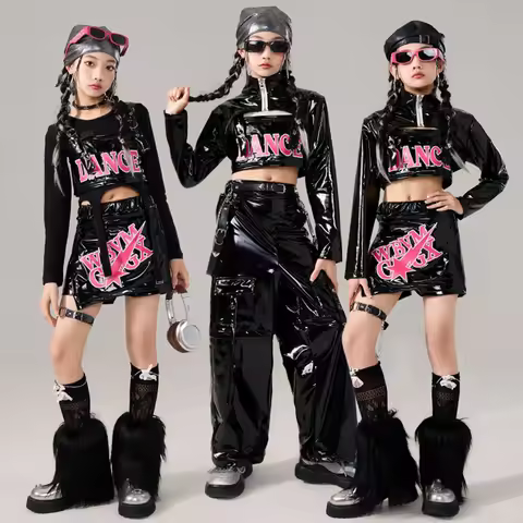 Black Leather Jazz Dance Costume Girls Black Set Kids Hip Hop Performance Clothes Competition Outfit
