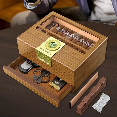 Cigar Box Humidor with Hygrometer and Humidifier, Cedar Wooden Case with Drawer, Divider, Length Gau