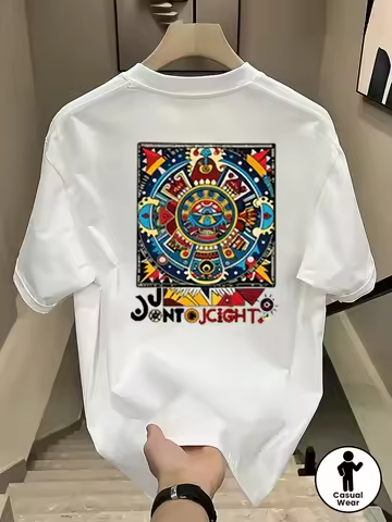 Aztec-Inspired Colorful Sun Calendar Graphic Tee with Tribal Art 100% Cotton Men's T-shirt Summer Et
