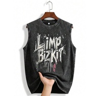 Retro Printed Vintage Washed Vest, Rock Guy Print Fashionable Fitness Vest Oversized