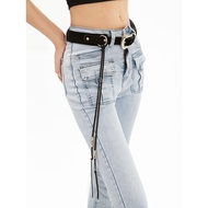 APEA2022 Retro Denim Casual Pants with Silver Buckle Belt - Stylish & Versatile