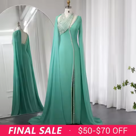 Sharon Said Turquoise Green Chiffon Dubai Evening Dress with Cape Sleeve Luxury Beaded Women Wedding