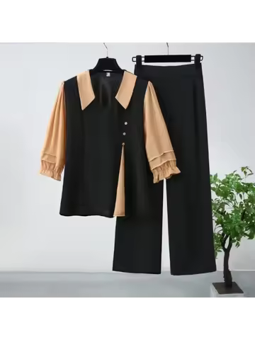 Fashion Suit for Women 2025 Spring Summer New Fashionable 7-quarter Sleeve Contrasting Top Wide-leg