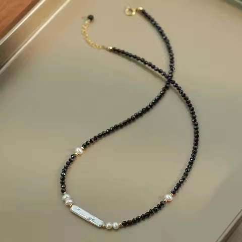 HENGSHENG OL Black Spinel Natural Crystal 4-5mm 5*20mm Freshwater Baroque Pearl 14K Deposit Necklace