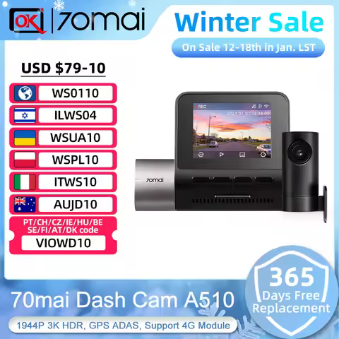 70mai Dash Cam A510 1944P 3K HDR Built-in GPS ADAS Smart Dash Cam A510 Support Rear Cam 4G Connectiv