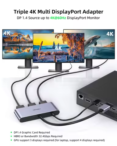 Fairikabe Displayport To 3*DisplayPort Splitter Single 8K Dual 4K60Hz 1080p60Hz DisplayPort MST Hub 