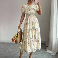 Elegant Resort Flower Print Cabling Bust Waist Cinched Multi-Layer Patchwork Women's Dress