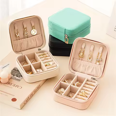 Mini portable jewelry box, simple travel PU jewelry box, necklace and earring storage box, women's t